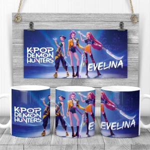 Cană Huntrix Demon Hunters personalizată cu nume, 325ml, ceramică albă, cadou fani K-Pop