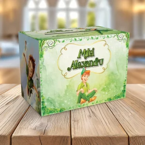 Cutie plicuri cu Peter Pan pentru botez, din carton fotografic 300g, dimensiuni 33x23x23cm
