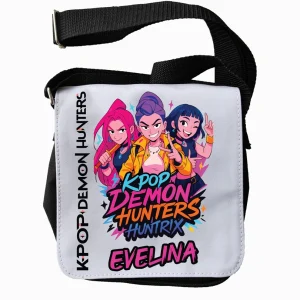 Geantă de umăr Huntrix Demon Hunters personalizată cu nume pentru copii, cu imprimeu K-pop colorat