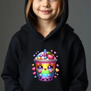 Hanorac copii negru cu imprimeu Bubbletea Rainbow personalizat și design kawaii colorat