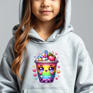 Hanorac copii gri cu imprimeu Bubbletea Rainbow personalizat și design kawaii colorat