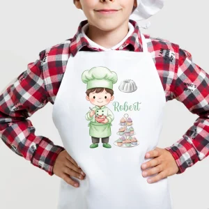 Şort de bucătărie pentru copii personalizat cu nume, model alb cu băiat bucătar şi dulciuri