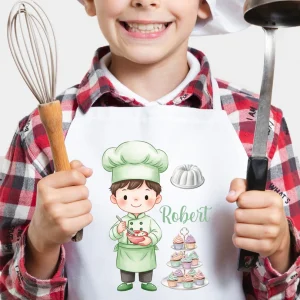 Şort de bucătărie pentru copii personalizat cu nume, model alb cu băiat bucătar şi dulciuri