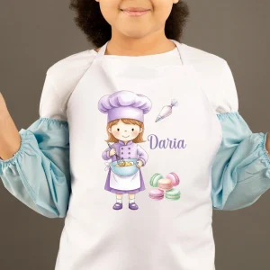 Şorţ de bucătărie pentru copii personalizat cu nume, model alb cu fetiță bucătăreasă și macarons pastel