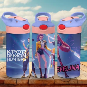 sticlă de apă cu pai Huntrix Demon Hunters Kpop personalizată cu nume pentru copii