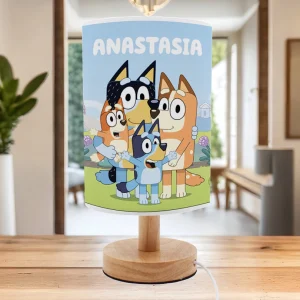 lampă Bluey şi Bingo personalizată cu nume, veioză LED pentru copii cu suport din lemn