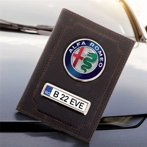 portofel Alfa Romeo din piele personalizat cu logo și număr de înmatriculare