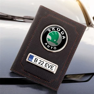 portofel Skoda din piele personalizat cu logo și număr de înmatriculare
