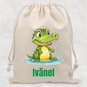 săculeţ pentru grădiniţă cu Crocodil pentru copii, material rezistent, model colorat