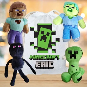 Set de pluşuri Minecraft cu 4 personaje și săculeţ personalizat pentru copii