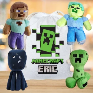 Set de pluşuri Minecraft cu 4 personaje și săculeţ personalizat pentru copii