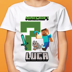 tricou Minecraft aniversare personalizat cu nume și vârstă, bumbac 100%, pentru copii