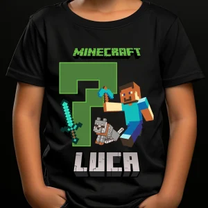 tricou Minecraft aniversare personalizat cu nume și vârstă, bumbac 100%, pentru copii