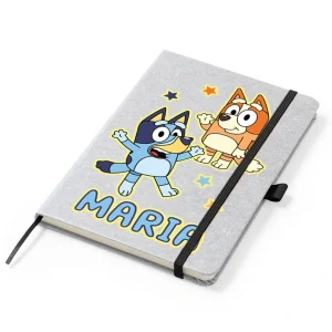 agenda Bluey și Bingo personalizată cu nume, copertă A5 piele reciclată