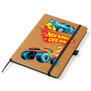 Agendă Hotwheels personalizată A5 din piele reciclată, disponibilă în culori diferite, cu design inspirat de mașinuțele Hotwheels.