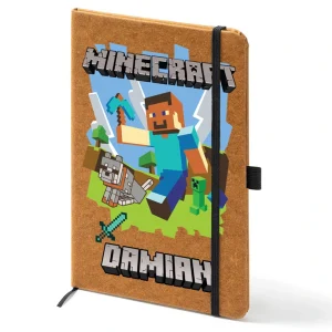 Agendă Minecraft personalizată A5 cu design pixelat și copertă din piele reciclată, imprimată cu nume.