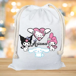 săculeţ pentru set de pluşuri Sanrio, personalizat cu nume pentru copii, Hello Kitty, Kuromi, My Melody și Cinnamoroll