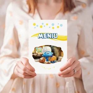 Meniu pentru botez cu Ştrumfi, 20x14 cm, carton fotografic, decor tematic pentru botez