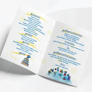 Meniu pentru botez cu Ştrumfi, 20x14 cm, carton fotografic, decor tematic pentru botez