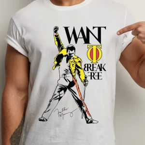 Tricou Freddie Mercury I Want to Break Free din bumbac 100%, regular fit, cu design rock iconic inspirat din Queen.