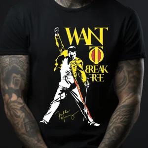 Tricou Freddie Mercury I Want to Break Free din bumbac 100%, regular fit, cu design rock iconic inspirat din Queen.