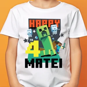 tricou cu Minecraft aniversare personalizat cu nume și vârstă pentru copii