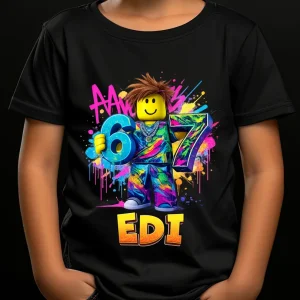 Tricou Roblox Six Seven Graffiti personalizat cu nume și vârstă pentru copii, bumbac 100%