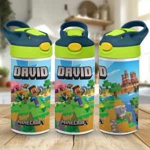 Bidon de apă Minecraft personalizat cu nume pentru copii, ideal pentru școală și sport.