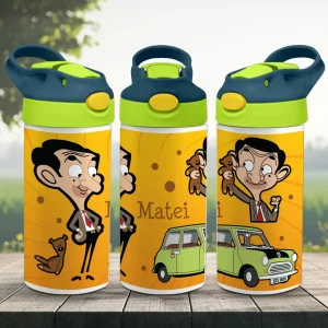 bidon de apă Mr. Bean personalizat cu nume pentru copii, sticlă cu pai