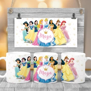 Cană cu prinţese personalizată cu nume pentru copii, în cutie cadou