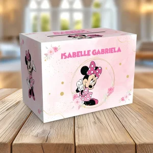 Cutie cu Minnie pentru plicuri de bani de botez, personalizată cu nume, carton fotografic 33x23x23 cm, design roz elegant.