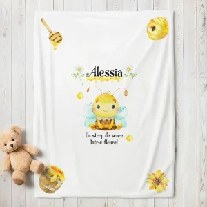 păturică cu albinuţă personalizată cu nume, 90x80 cm, bumbac 100%