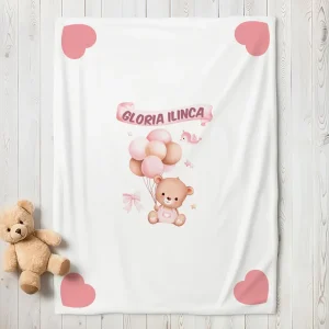 păturică pentru fetiţe cu Ursuleţ personalizată cu nume, bumbac 100%, 90x80 cm