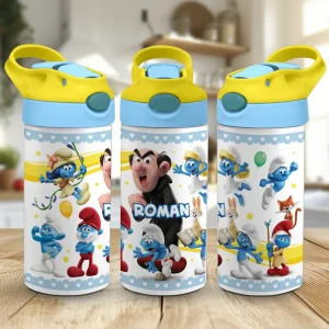 sticlă de apă cu Strumfi personalizată cu nume pentru copii