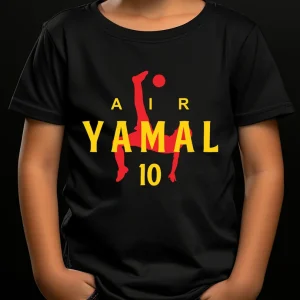 Tricou Air Yamal din bumbac 100% pentru copii și adulți, model sport cu imprimeu modern, disponibil în culorile negru și alb.