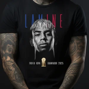 Tricou cu Lamine Yamal negru pentru copii și adulți, bumbac 100%, design modern cu portret fotbalist.
