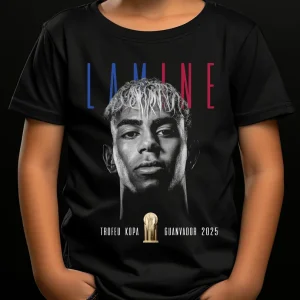 Tricou cu Lamine Yamal negru pentru copii și adulți, bumbac 100%, design modern cu portret fotbalist.