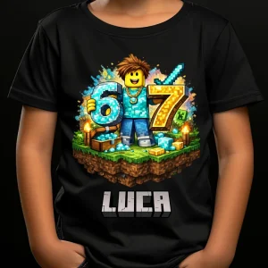 Tricou Minecraft Six Seven personalizat pentru copii, regular fit, design gamer.