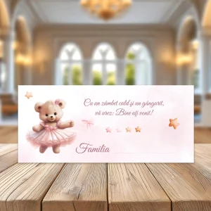 Plicuri de bani ursuleţ tutu roz pentru botez de fetiţe, place card 20x9cm