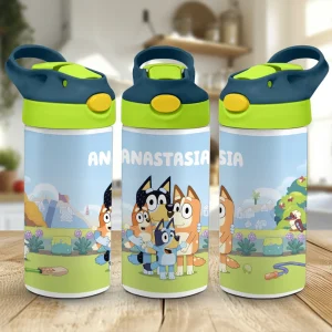 sticlă de apă cu pai cu Bluey şi Bingo personalizată cu nume pentru copii
