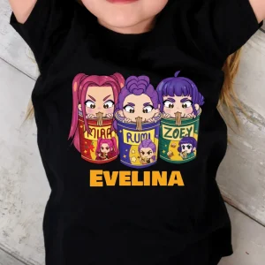 Tricou fetiţe Kpop Demon Hunters personalizat cu nume, design chibi colorat