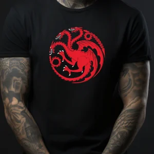 Tricou Game of Thrones cu emblema Casei Targaryen, dragon roșu cu trei capete, bumbac 100%, regular fit, culoare negru
