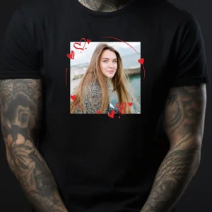 Tricou personalizat cu poză și inimioare, bumbac 100%, alb și negru