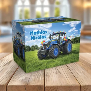 Cutie cu Tractor albastru pentru plicuri de bani botez personalizată