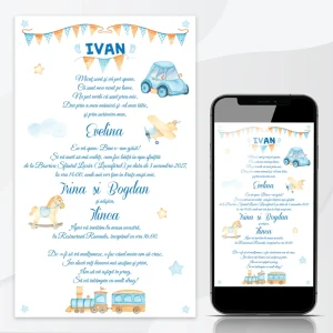 Invitaţie digitală pentru băieţi cu norișori și jucării în nuanțe pastel