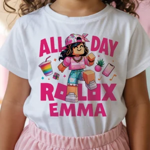 Tricou Roblox fetiţe personalizat cu design colorat Six Seven și nume