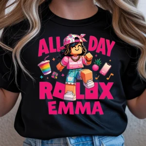 Tricou Roblox fetiţe personalizat cu design colorat Six Seven și nume