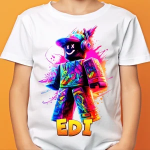 Tricou Roblox Grafitti colorat pentru copii din bumbac 100%, culoare alb