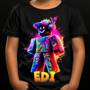 Tricou Roblox Grafitti colorat pentru copii din bumbac 100%, culoare negru