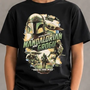 Tricou cu Mandalorian şi Grogu din Star Wars, regular fit, bumbac 100%, pentru copii şi adulţi